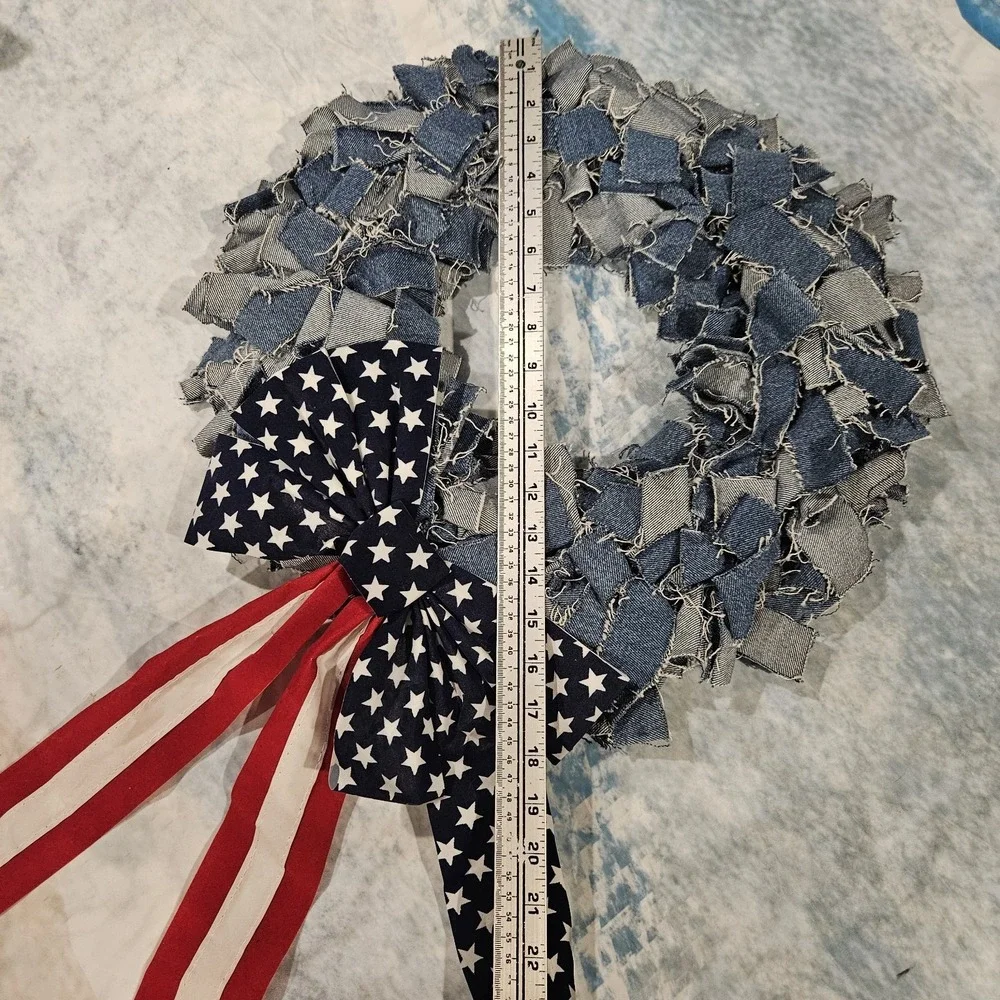 Handmade Denim Wreath Patriotic Americana Red‎ White Blue Rustic Wall Decor